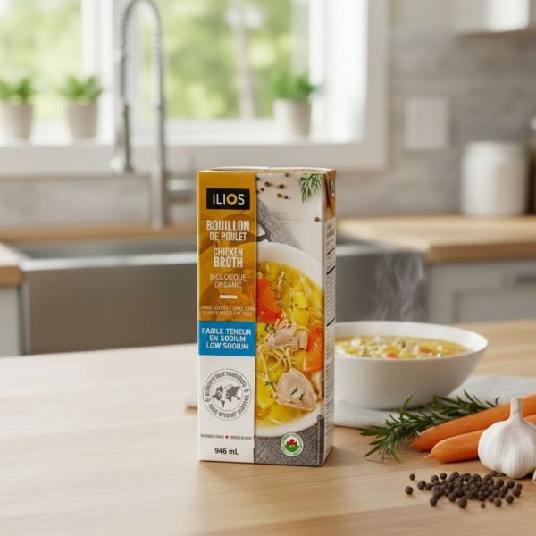 Bouillon de poulet bio, faible en sodium